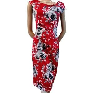 L.K BENNETT Elegant Red Floral Cotton Blend Shift Dress Knee Length 6